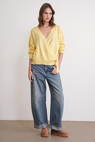 Mixray 6959 Women's Bow Knit Cardigan Yellow