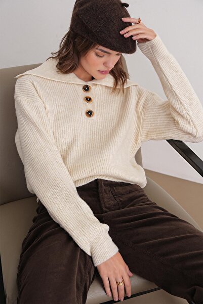 Mixray 6900 Women's Buttoned Turn-Down Collar Knit Sweater Natural