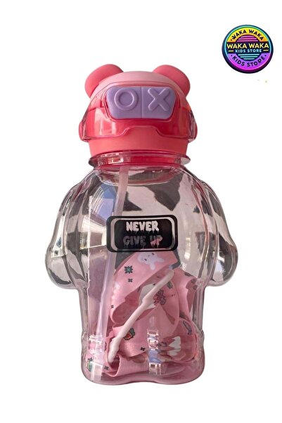 ww waka waka kids store Never Give up Written Bear Figure Children's Water Bottle 600 ml - Transparent, Straw & Strap Water Bottle