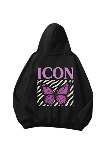 Gofeel سويت شيرت بقلنسوة أسود كبير الحجم مطبوع عليه أيقونة للجنسين