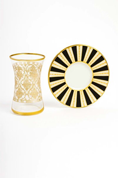 Jenisa 12 Pieces Gold Gilt Patterned Thin Waisted Glass Tea Cup and Saucer Set