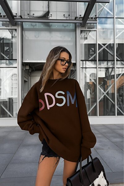 The Champ Clothing Дамска рокля с голям размер, с принт в ярки цветове, кафява – с велосипедна яка, 3-нишка, изгладена полар