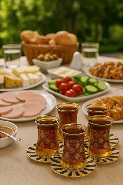 Jenisa 12 Pieces Gold Gilt Patterned Thin Waisted Glass Tea Cup and Saucer Set