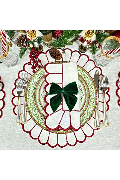 Table Alp %100 Keten Kırmızı Nakışlı Lüks Amerikan Servis & Peçete Seti (6+6)...