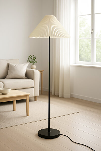 burenze Modern Capri Umbrella Pileli Krem Kumaş Dekoratif Lambader Metal Siyah Gövde