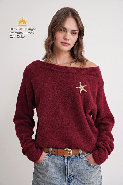 Mixray 6963 Women's Boat Neck Wool Blend Premium Knitwear Sweater Burgundy