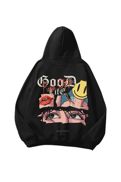 Gofeel Good Life Štampano Crna Oversize kroj Unisex majica sa kapuljačom