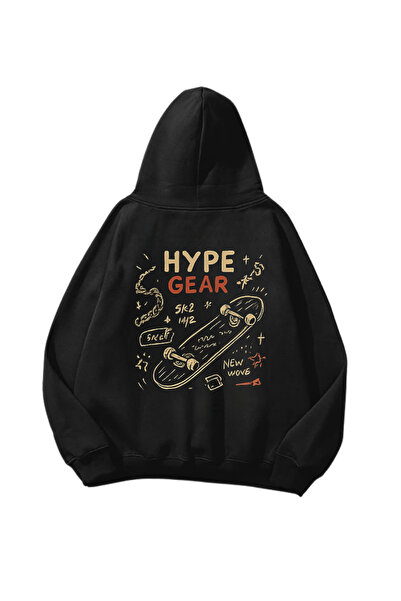 Gofeel Hype Gear Štampano crna Oversize kroj unisex dukserica sa kapuljačom