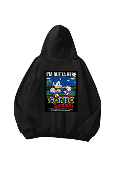 Gofeel Sonic I'm Outta Here Štampano Crna Oversize kroj Unisex majica sa kapu...
