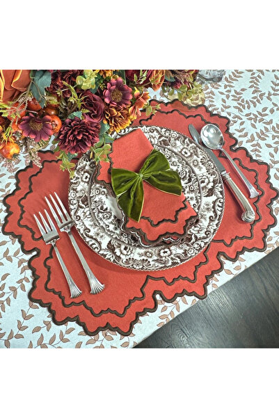 Table Alp Kahve Nakışlı Lüks Amerikan Servis & Peçete Seti (2+2) – Sonbahar K...