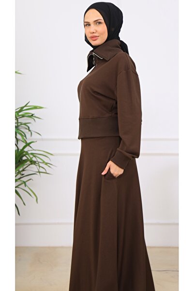 VENT GİYİM Moda Ribanalı Takım |   Women's Zippered Crop Top and Long Skirt Two-Piece Set |   Cotton Fabric