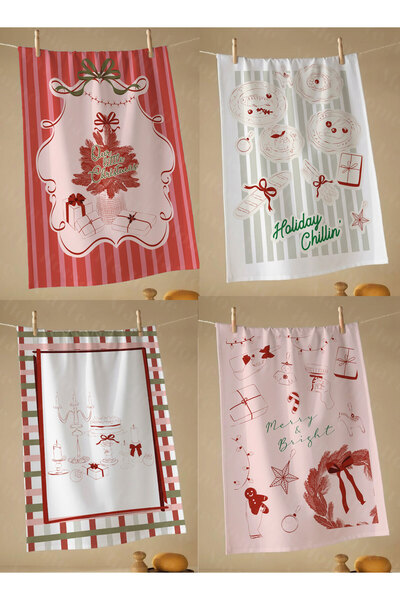 Marte Home Yılbaşı & Christmas Desenli Tek Taraf Baskılı 4'lü Mutfak Havlusu Kurulama Bezi Seti 60x40 Cm