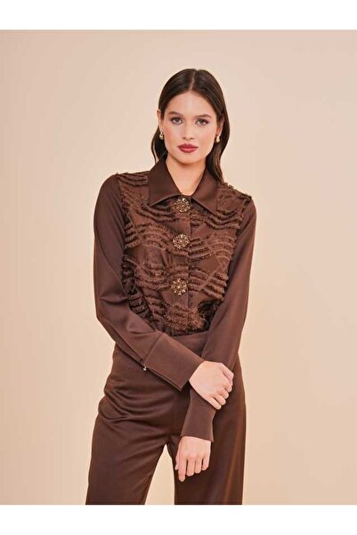 SERPİL Dantel Dokulu Düğme Detaylı Uzun Kollu Kadın Gömlek 50850