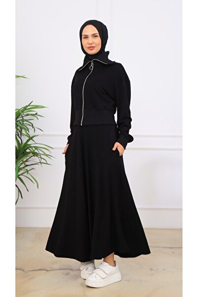 VENT GİYİM Moda Ribanalı Takım |   Women's Zippered Crop Top and Long Skirt Two-Piece Set |   Cotton Fabric