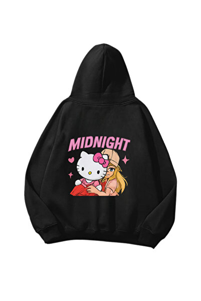 Gofeel Midnight Kitty Štampano Crna Oversize kroj Unisex majica sa kapuljačom