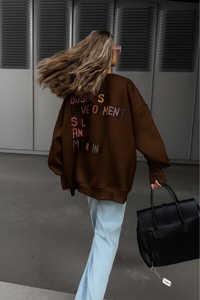 The Champ Clothing Дамска рокля с голям размер, с принт в ярки цветове, кафява – с велосипедна яка, 3-нишка, изгладена полар