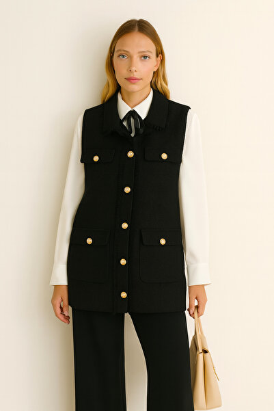 CEK mağazacılık Siyah Kadın Loose Kalıp Tüvit Yelek – Gold Düğme ve Püskül Detaylı, Şık Tasarım