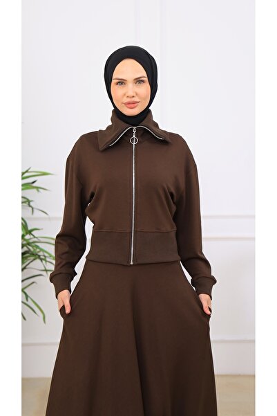 VENT GİYİM Moda Ribanalı Takım |   Women's Zippered Crop Top and Long Skirt Two-Piece Set |   Cotton Fabric