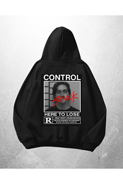 Gofeel سويت شيرت بقلنسوة أسود كبير الحجم مطبوع عليه Control للجنسين