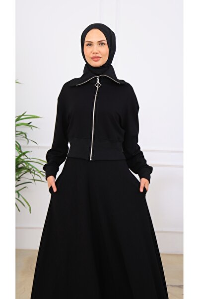 VENT GİYİM Moda Ribanalı Takım | Women's Zippered Crop Top and Long Skirt Two-Piece Set | Cotton Fabric