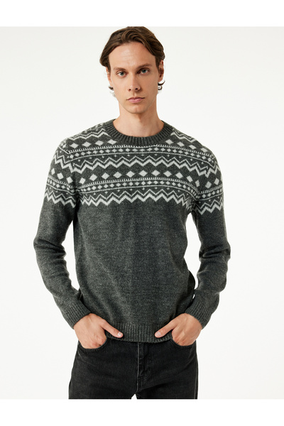Koton Long Sleeve Crew Neck Patterned Knitwear Sweater