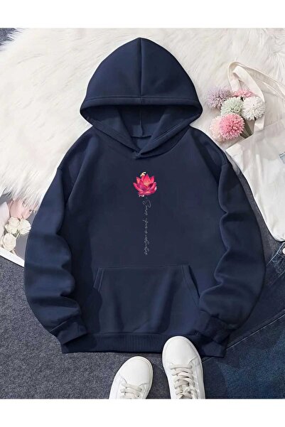 tkn your style Hanorac oversize cu glugă, cu imprimeu cu flori de lotus roz