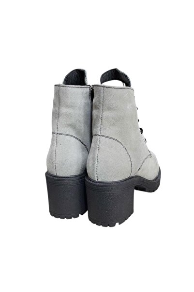 TUFAN SHOES Gri Hakiki Süet Bağcık Detay Yandan Fermuarlı Kalın Topuk Bot