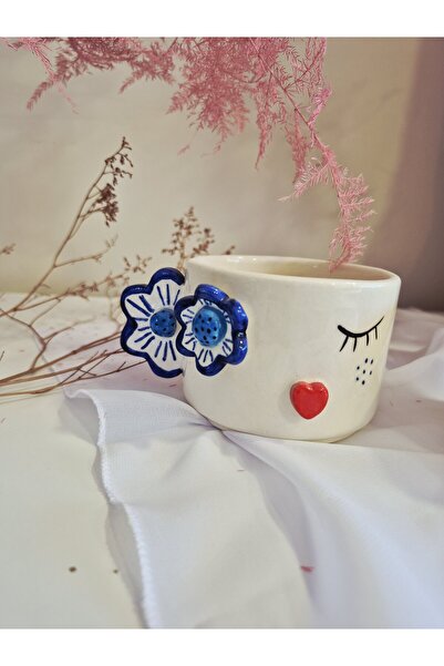 Seramik Mavi Çiçek Göz Mug