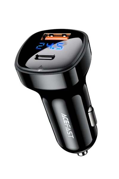 Acefast شاحن سيارة B4 بشاشة رقمية بمنفذين USB-C وUSB-A باللون الأسود