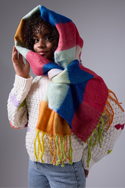 myfirstsea Yumuşak Dokulu Puffy Şaçaklı Şal Atkı - Trend Kalın Kışlık Mode 50cmx210cm