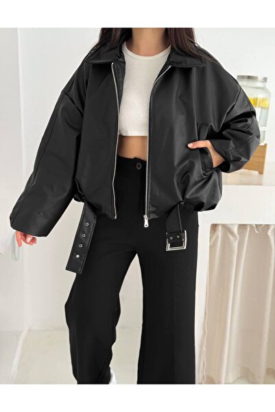 DazzUp سترة جلدية نسائية بأكمام خفاشية وحزام