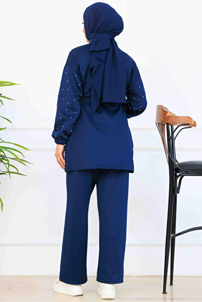 benguen Bead Detailed Scuba Double Suit N5361 Navy Blue