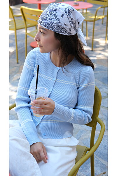 Butik Una Fiaba-Mavi Kadın Bisiklet Yaka Çizgili Düğme Detaylı Triko Hırka