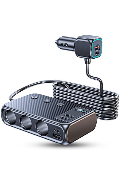 Timebox adaptor priză, multiplicator încărcător auto 9 în 1 171W, 3 x priză auto, 4 x USB, Q,C 3.0, 2 x USB-C, vo