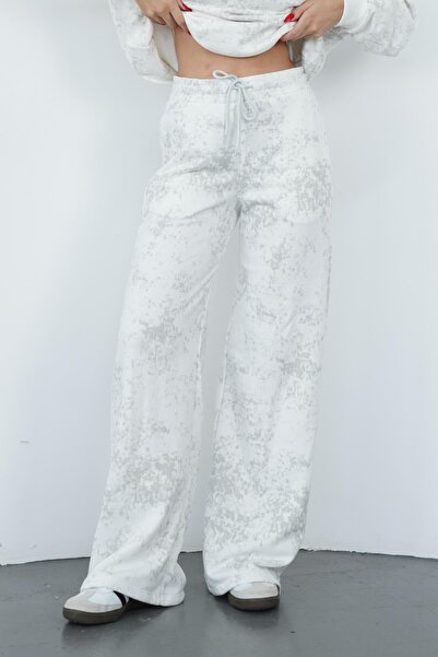 penyebizden Γυναικείο φαρδύ βαμβακερό παντελόνι Zenara με 3 κλωστές χωρίς σαρντόνια-Εκρού-Γκρι με στάμπα