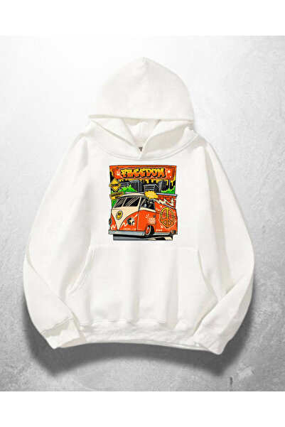 Gofeel Hanorac alb unisex Freedom Van cu imprimeu supradimensionat Swea tricou