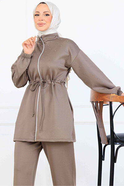 benguen Bead Detailed Scuba Double Suit N5361 Mink