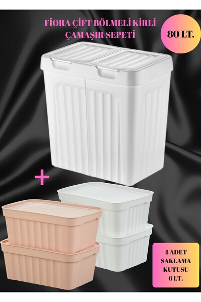 FİORA ÇİFT BÖLMELİ KİRLİ ÇAMAŞIR SEPETİ + 4 ADET SAKLAMA KUTUSU