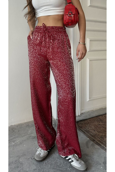 İNCİMOD Leopar Desenli Bel Lastikli Saten Pantolon
