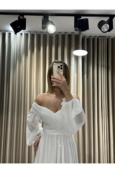 Kaleiçi Yıldızlar Beyaz Şifon Balon Kollu Abiye 1052