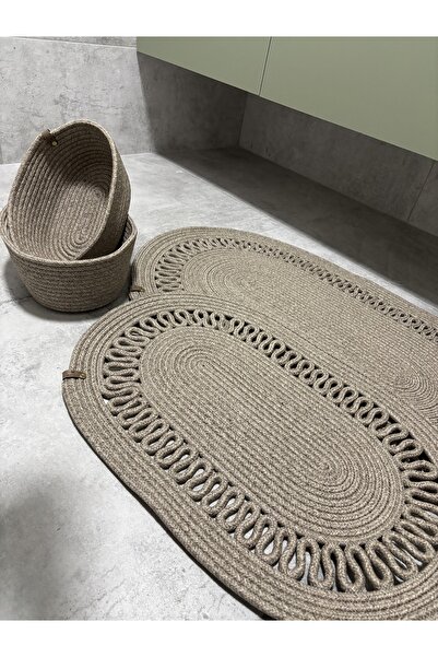 MaVaux Terra 4-Piece Bathroom Set – 2 Oval Mats & 2 Oval Baskets, Natural Rope Weaving, Handmade - Premium