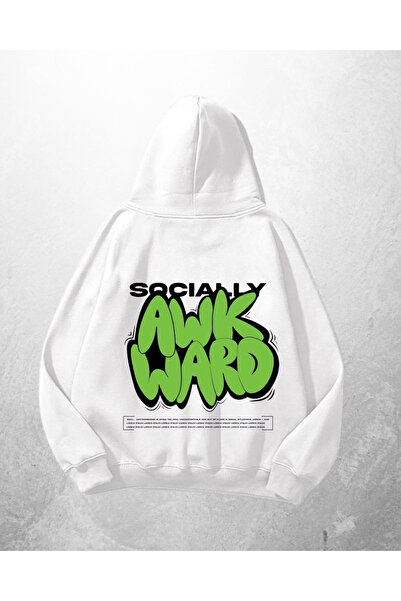 Gofeel Λευκό Unisex Socially Awkward με τύπωμα oversized Φούτερ με κουκούλα