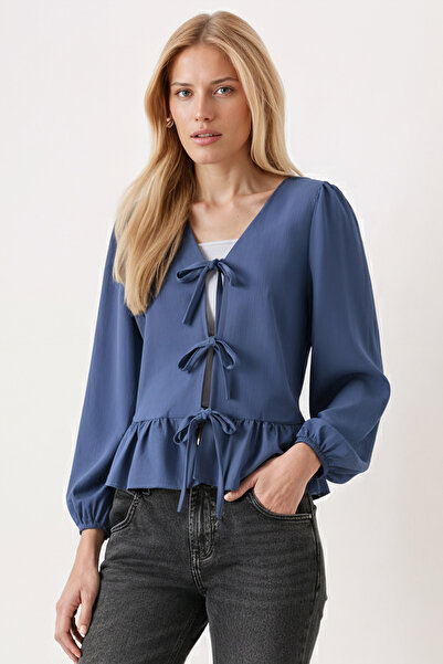 armonika Bluză pentru femei, albastru închis, cu șireturi în față, cu volane la capătul fustei, mâneci elastice ARM-26K001019
