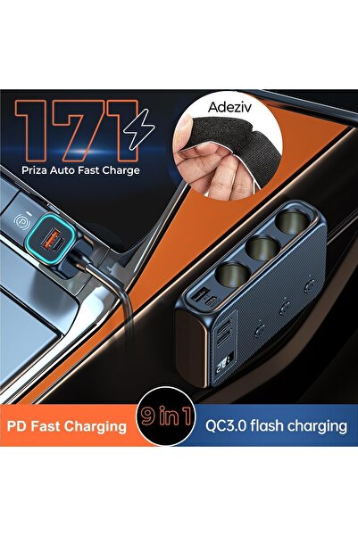 Timebox adaptor priză, multiplicator încărcător auto 9 în 1 171W, 3 x priză auto, 4 x USB, Q,C 3.0, 2 x USB-C, vo