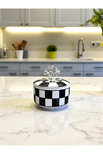 ferayhome Dekoratif 1 ADET Kutu Şekerlik Seramik Obje Damalı GÜMÜŞ - Feray Home