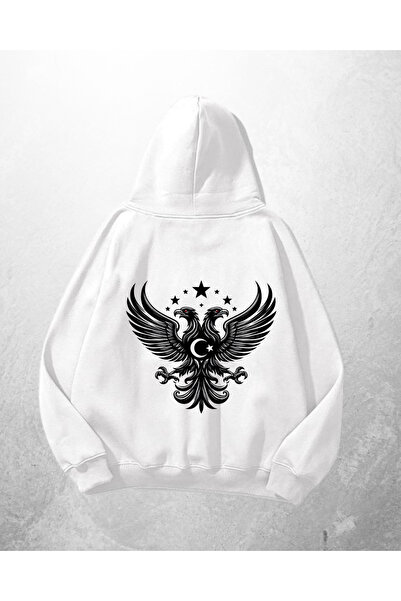Gofeel Hanorac alb unisex Heraldic Eagle cu imprimeu supradimensionat Swea tr...