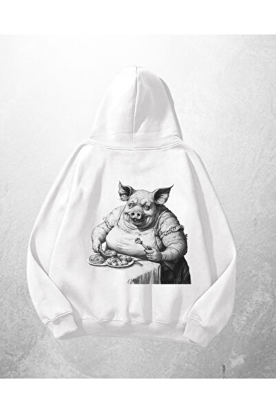 Gofeel Bela unisex majica sa kapuljačom "Svinja kuvar" Štampano Oversize kroj