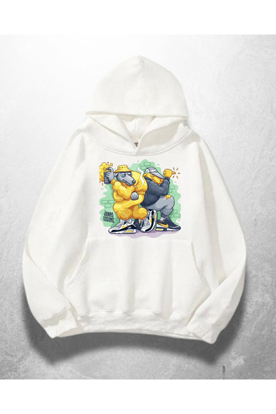 Gofeel Hanorac alb unisex boxeri Bears cu imprimeu supradimensionat Swea tricou