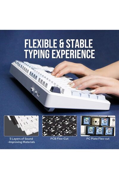 Epomaker لوحة مفاتيح الألعاب الميكانيكية اللاسلكية AULA F99 (أبيض أزرق، مفتاح رمادي خشبي V3)