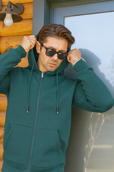 FRANCO RENZO Φούτερ με κουκούλα και φερμουάρ, 3 κλωστές, από βαμβακερό ύφασμα με ριμπ